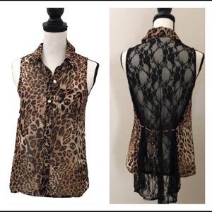 Final Sale Sans Souci Animal Print Back Lace Sheer Top